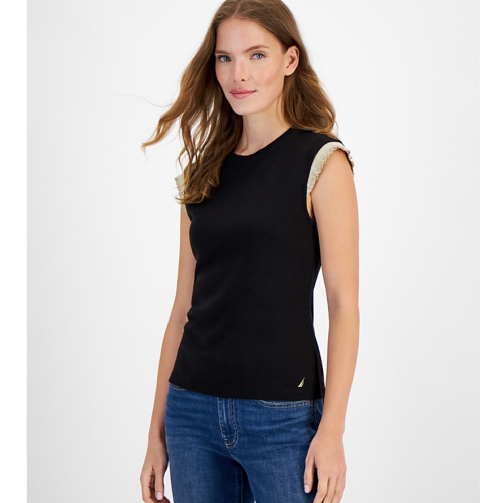 Nautica Metallic Ruffle Sleeveless Top - Gold on Sleeves, Black Top - Size Small